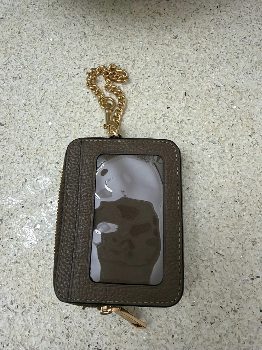 Coach Brown Pebbled Leather Card Holder with Gold Chain